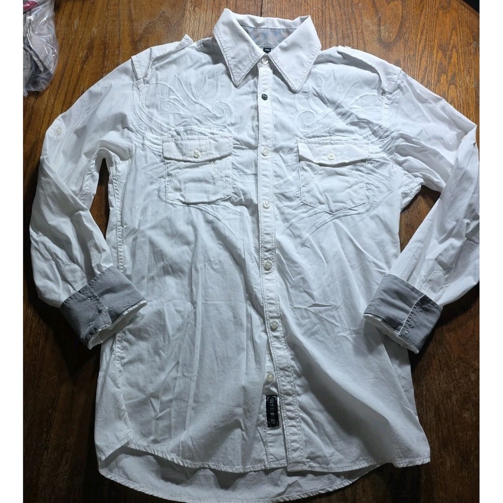 Roar Signature Mens White Y2K Embroidered Button Down Shirt M Affliction Style‎